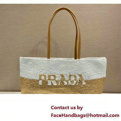 Prada Raffia and leather tote bag 1BG442 Tan/white