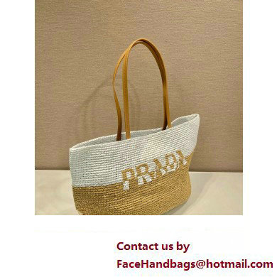 Prada Raffia and leather tote bag 1BG442 Tan/white