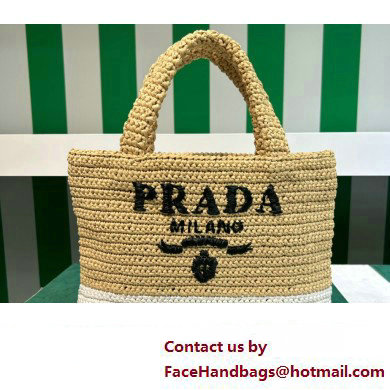 Prada Raffia-effect yarn Small crochet tote bag 1BG422 Beige/White/Purple