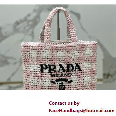 Prada Raffia-effect yarn Small crochet tote bag 1BG422 White/Pink