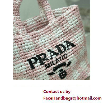 Prada Raffia-effect yarn Small crochet tote bag 1BG422 White/Pink