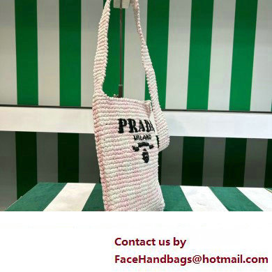 Prada Raffia-effect yarn crochet tote bag 1BC184 White/Pink