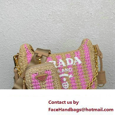 Prada Re-Edition 2005 crochet raffia shoulder bag 1BH204 Beige/Pink 2023