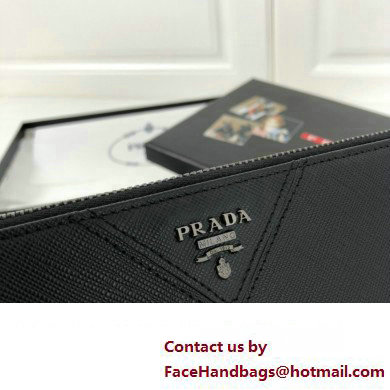 Prada Saffiano Leather Pouch Clutch Bag 2NG005 triangle and metal lettering logo Black/Silver