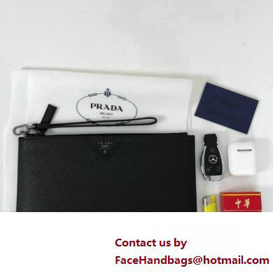 Prada Saffiano Leather Pouch Clutch Bag 2NG005 triangle and metal lettering logo Black/Silver