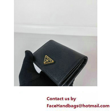 Prada Small Saffiano Leather Wallet 1MV021 Enameled metal triangle logo Black/Gold