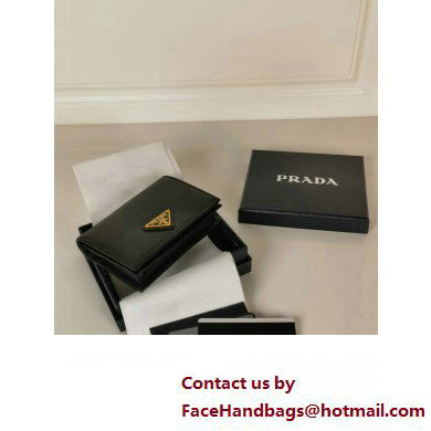 Prada Small Saffiano Leather Wallet 1MV021 Enameled metal triangle logo Black/Gold