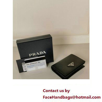 Prada Small Saffiano Leather Wallet 1MV021 Enameled metal triangle logo Black/Silver