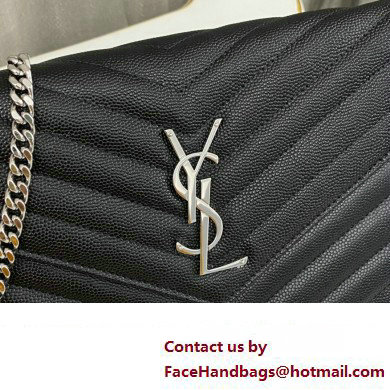 Saint Laurent cassandre matelasse chain wallet in grain de poudre embossed leather 377828 Black/Silver