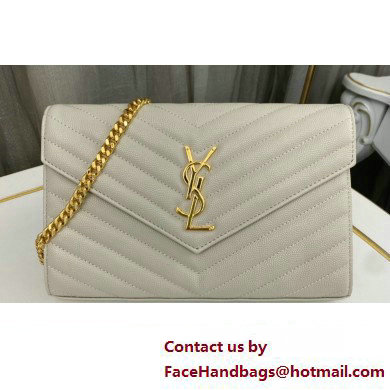 Saint Laurent cassandre matelasse chain wallet in grain de poudre embossed leather 377828 Creamy/Gold