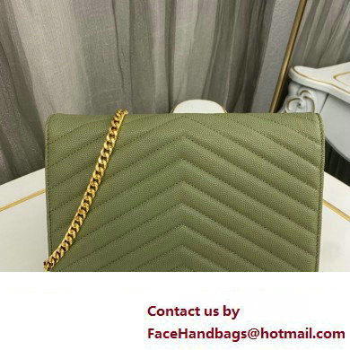 Saint Laurent cassandre matelasse chain wallet in grain de poudre embossed leather 377828 Green/Gold