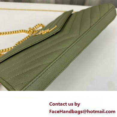 Saint Laurent cassandre matelasse chain wallet in grain de poudre embossed leather 377828 Green/Gold