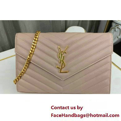 Saint Laurent cassandre matelasse chain wallet in grain de poudre embossed leather 377828 Pink/Gold