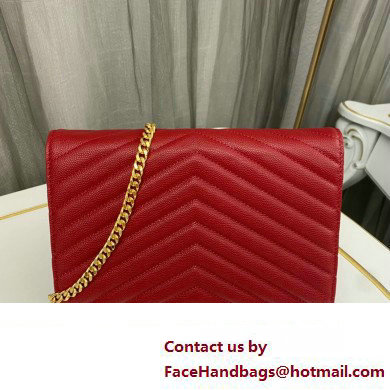 Saint Laurent cassandre matelasse chain wallet in grain de poudre embossed leather 377828 Red/Gold