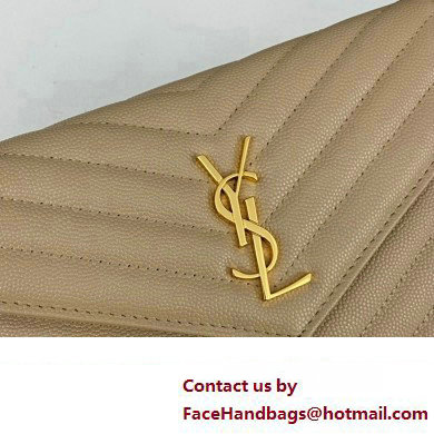 Saint Laurent cassandre matelasse envelope chain wallet in grain de poudre embossed leather 393953/742920/695108 Beige/Gold