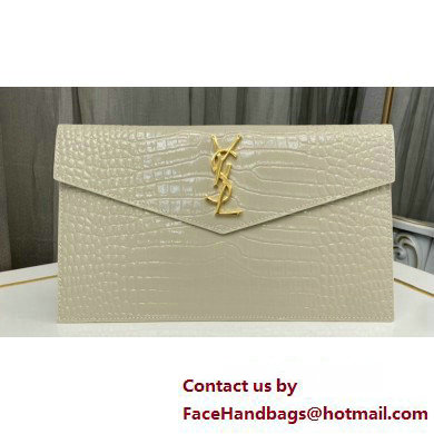 Saint Laurent uptown pouch in crocodile-embossed shiny leather 565739 White