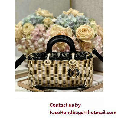 dior Medium Lady D-Joy Bag in Natural and Black Wicker and Blue Dior Oblique Jacquard 2023