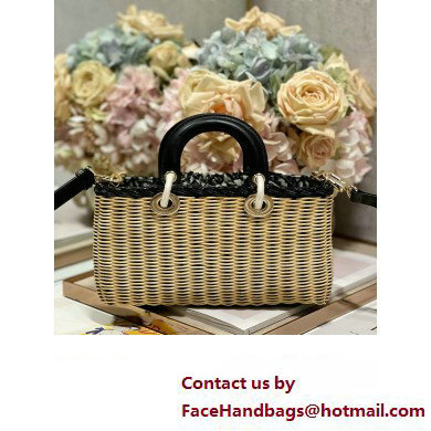 dior Medium Lady D-Joy Bag in Natural and Black Wicker and Blue Dior Oblique Jacquard 2023