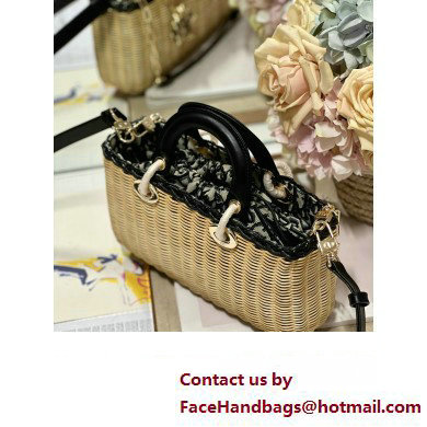 dior Medium Lady D-Joy Bag in Natural and Black Wicker and Blue Dior Oblique Jacquard 2023