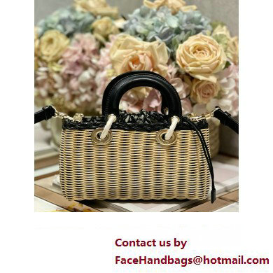 dior small Lady D-Joy Bag in Natural and Black Wicker and Blue Dior Oblique Jacquard 2023