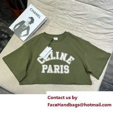 Celine Cropped T-shirt in Cotton fleece KAKI MILITAIRE/OFF WHITE 2023