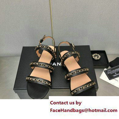 Chanel Chain Lambskin Flat Sandals Black 2023