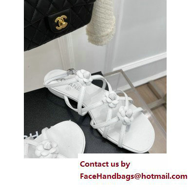 Chanel Heel 2cm CC Logo and Camellia Sandals White 2023