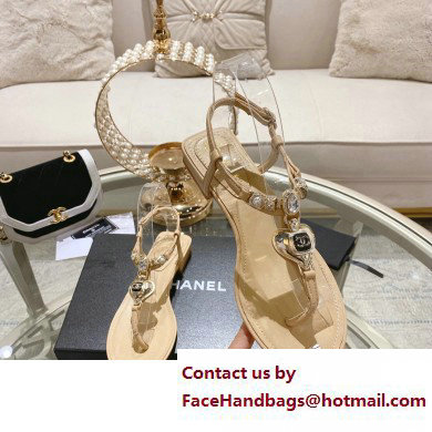 Chanel Heel 3cm Metal Strass and Pearls Sandals G39674 Beige 2023