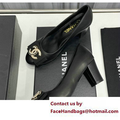 Chanel Heel 6cm Chain Crystal and Pearl CC Logo Pumps Leather Black 2023