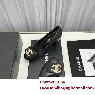 Chanel Heel 6cm Chain Crystal and Pearl CC Logo Pumps Leather Black 2023