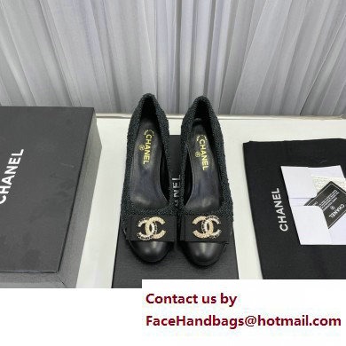 Chanel Heel 6cm Chain Crystal and Pearl CC Logo Pumps Tweed Black 2023