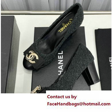 Chanel Heel 6cm Chain Crystal and Pearl CC Logo Pumps Tweed Black 2023