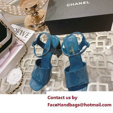 Chanel Heel 7.5cm Patent Leather Sandals Lake Blue 2023