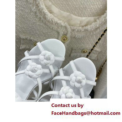 Chanel Heel 7cm CC Logo and Camellia Sandals White 2023