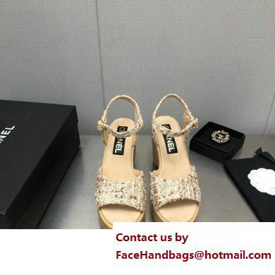 Chanel Heel 8cm Platform Sandal Tweed Beige 2023