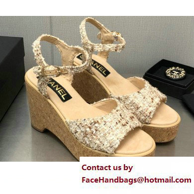 Chanel Heel 8cm Platform Sandal Tweed Beige 2023