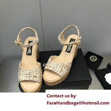 Chanel Heel 8cm Platform Sandal Tweed Beige 2023