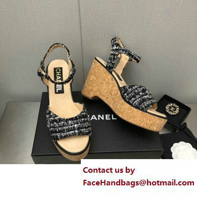 Chanel Heel 8cm Platform Sandal Tweed Black 2023