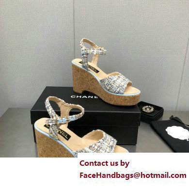 Chanel Heel 8cm Platform Sandal Tweed Blue 2023