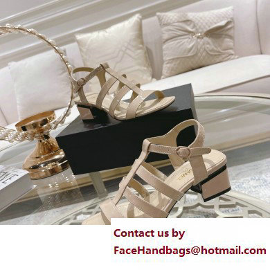 Chanel Heel Patent Leather Strap Sandals Beige 2023