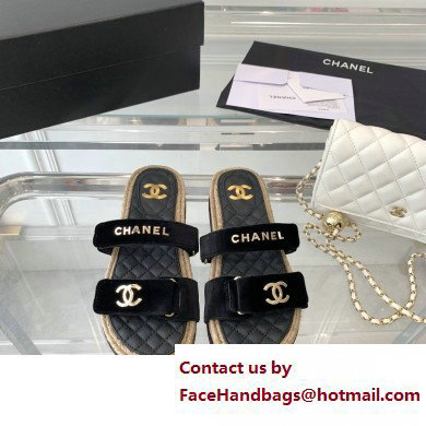 Chanel Logo Velvet Beach Mules Black 2023