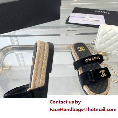 Chanel Logo Velvet Beach Mules Black 2023