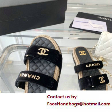 Chanel Logo Velvet Beach Mules Black 2023