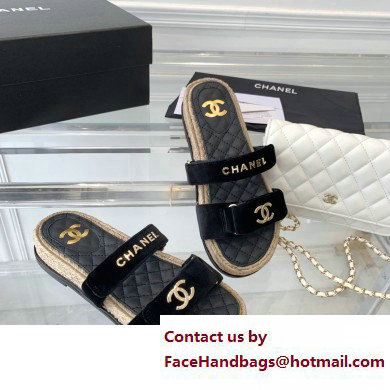 Chanel Logo Velvet Beach Mules Black 2023