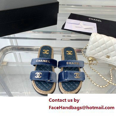 Chanel Logo Velvet Beach Mules Blue 2023