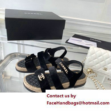 Chanel Logo Velvet Beach Sandals Black 2023