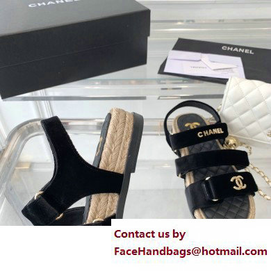 Chanel Logo Velvet Beach Sandals Black 2023