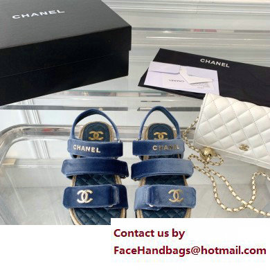 Chanel Logo Velvet Beach Sandals Blue 2023