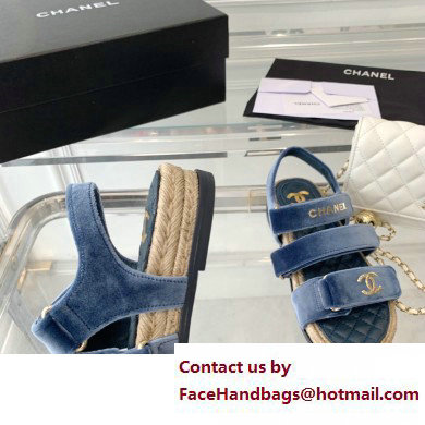 Chanel Logo Velvet Beach Sandals Blue 2023