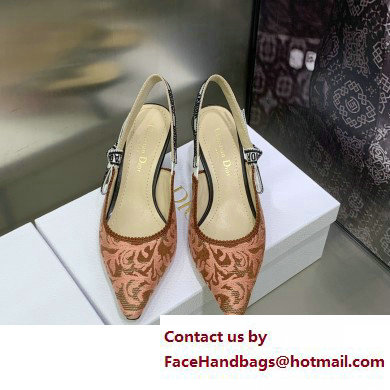 Dior Heel 6.5cm J'Adior Slingback Pumps in Antique Pink Brocart Embroidered Cotton with Gold-Tone Metallic Thread 2023